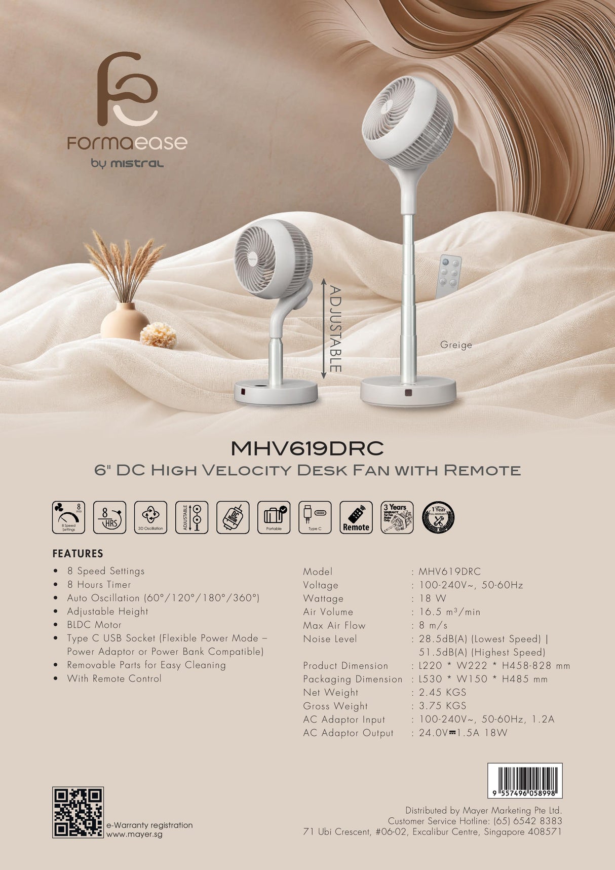 Mistral MHV619DRC DC High Velocity Desk Fan with Remote 6 Inch