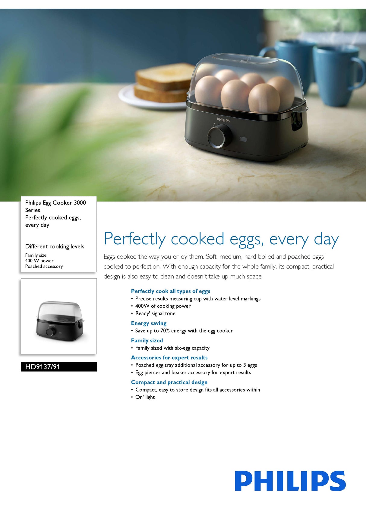 Philips HD9137/91 Electric Egg Cooker 3000 Series , 400W, Poached, Soft, Medium, Hard Boil, 6 Eggs Capacity, Egg Piercer Accessories