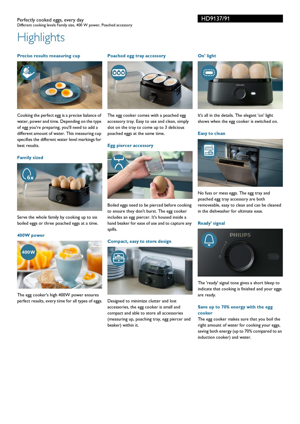 Philips HD9137/91 Electric Egg Cooker 3000 Series , 400W, Poached, Soft, Medium, Hard Boil, 6 Eggs Capacity, Egg Piercer Accessories