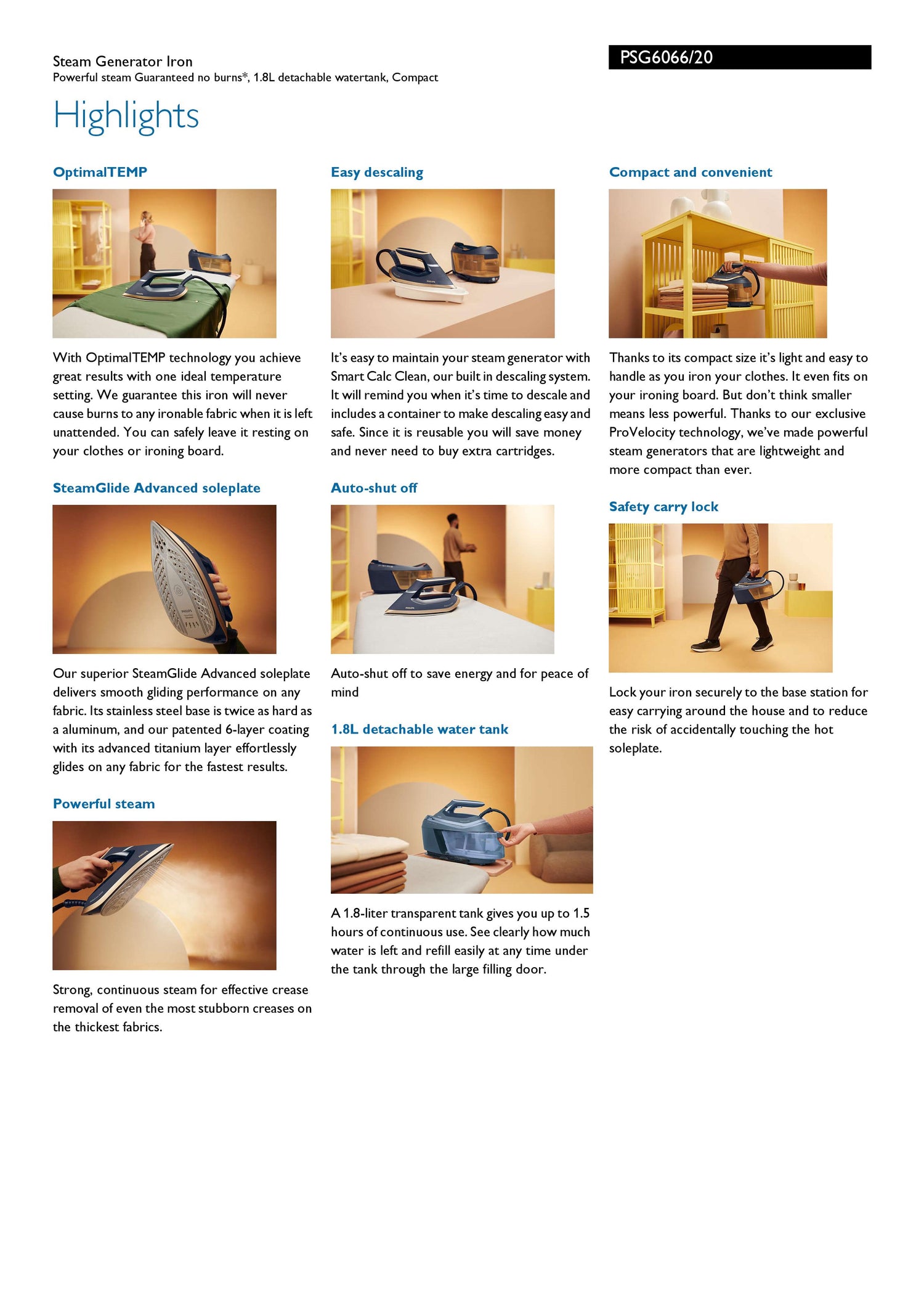 Philips PSG6066 | PSG6066/20 PerfectCare 6000 Series Steam Generator OptimalTEMP Technology