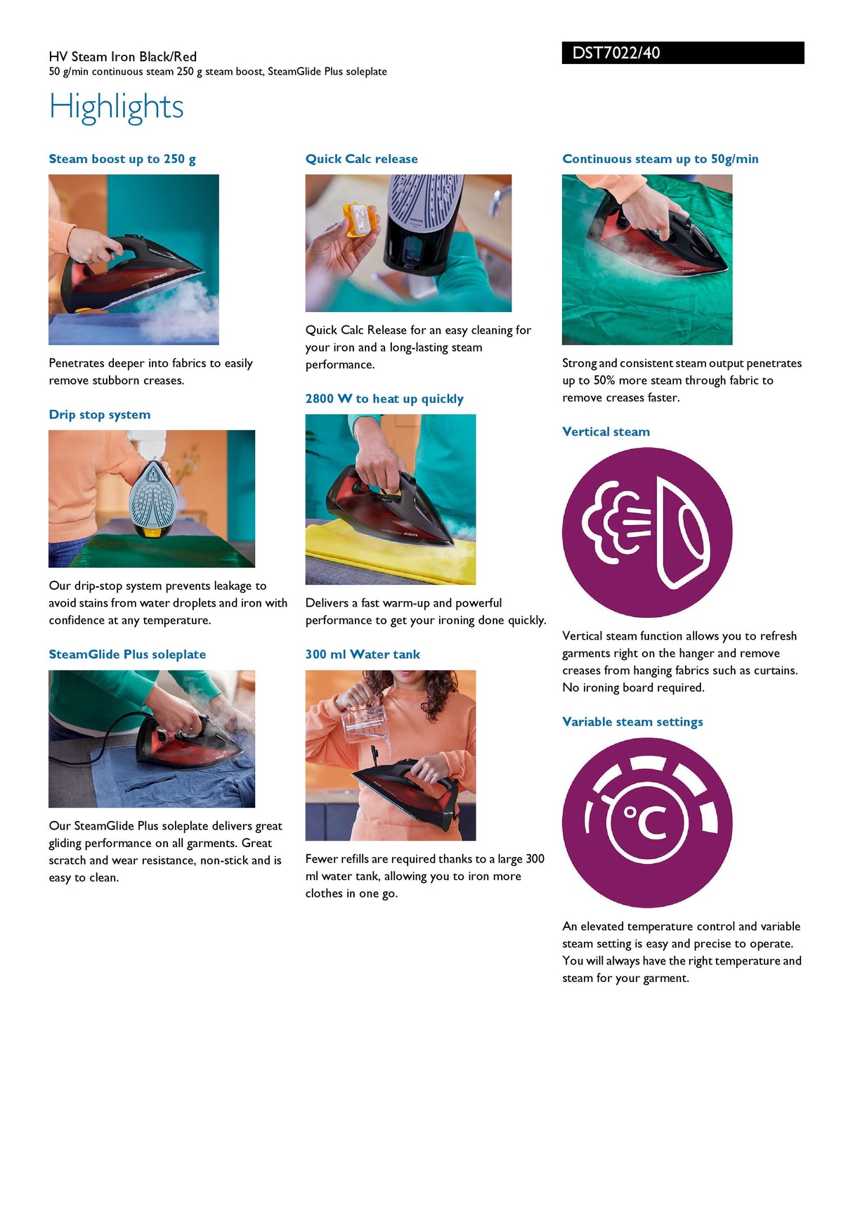 Philips DST7022/40 | DST7022 7000 Series HV Steam Iron 2800W