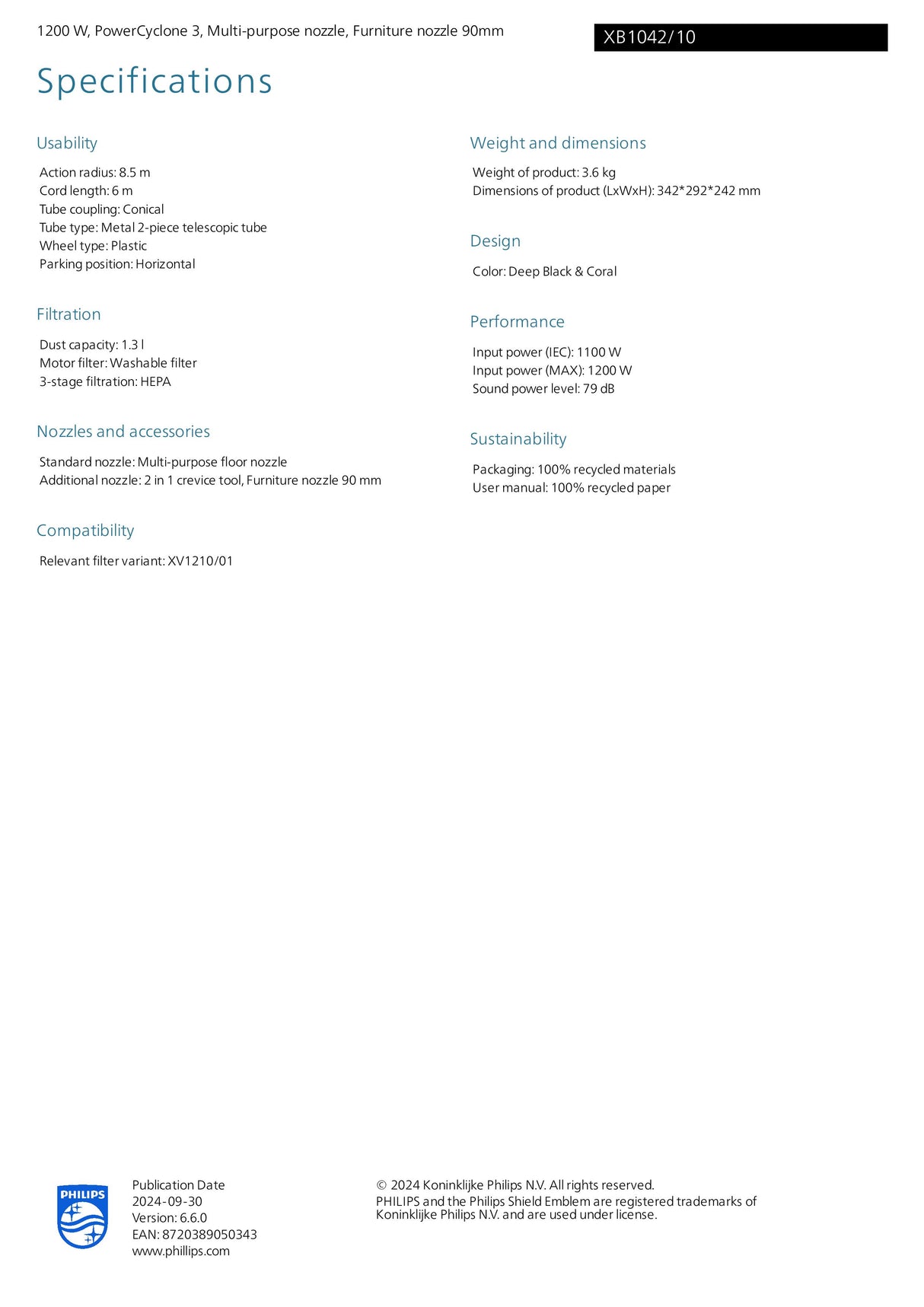 Philips XB1042/10 | XB1042 1000 Series Bagless Vacuum Cleaner