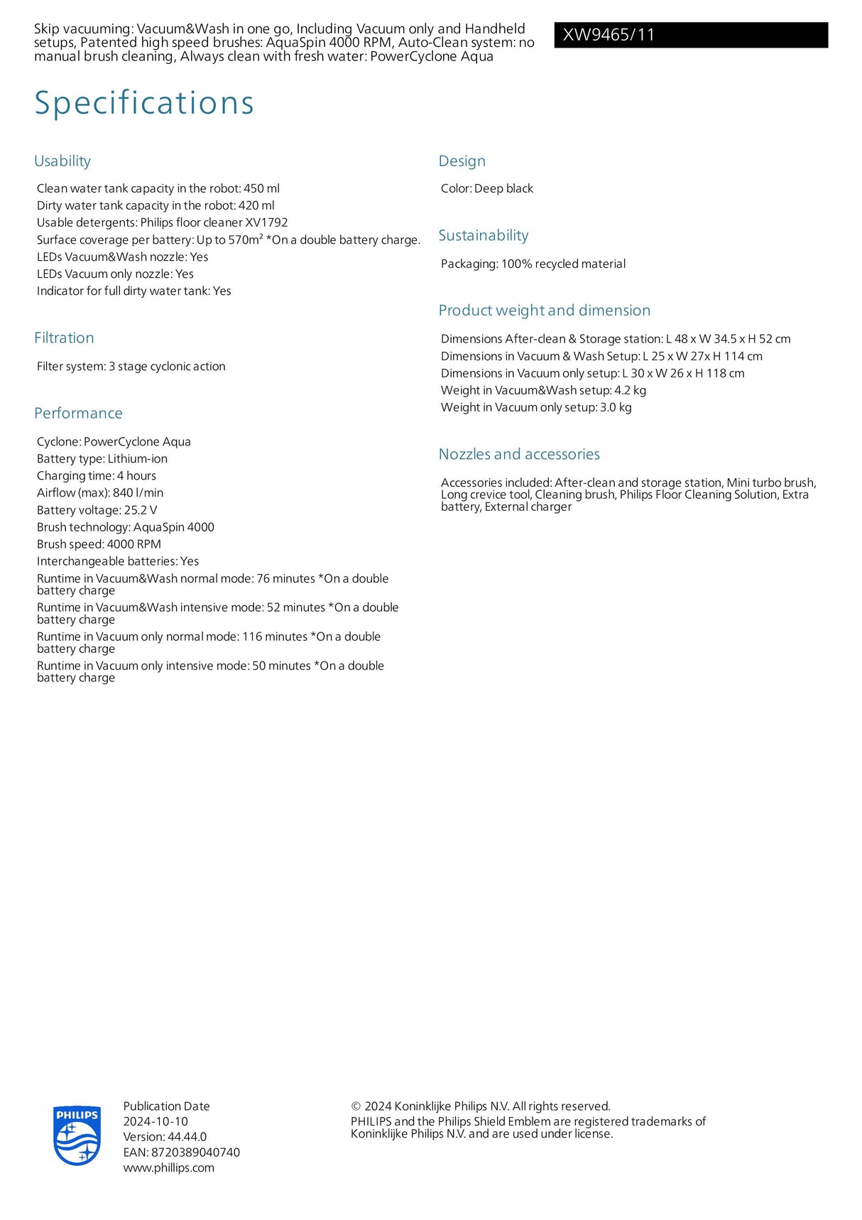 Philips XW9465/11 9000 Series AquaTrio Cordless Vacuum & Wash