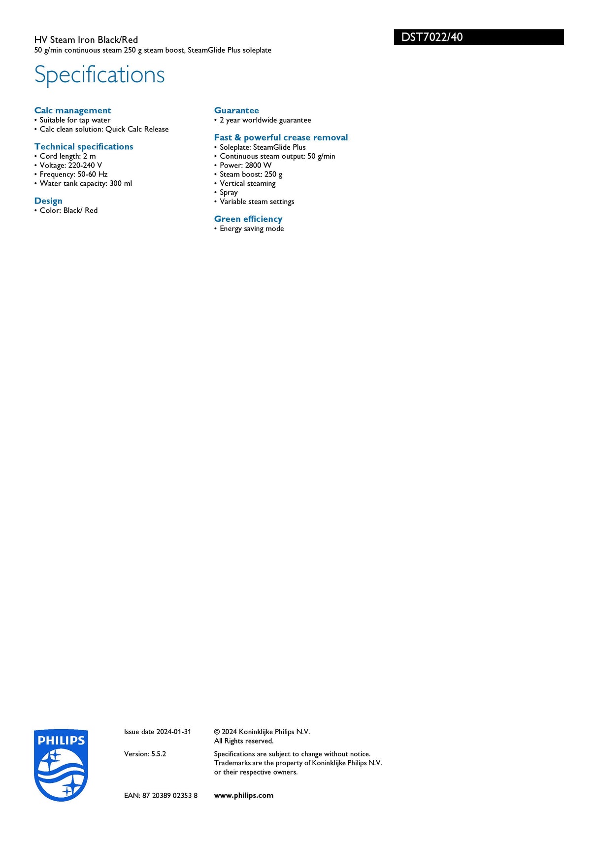 Philips DST7022/40 | DST7022 7000 Series HV Steam Iron 2800W