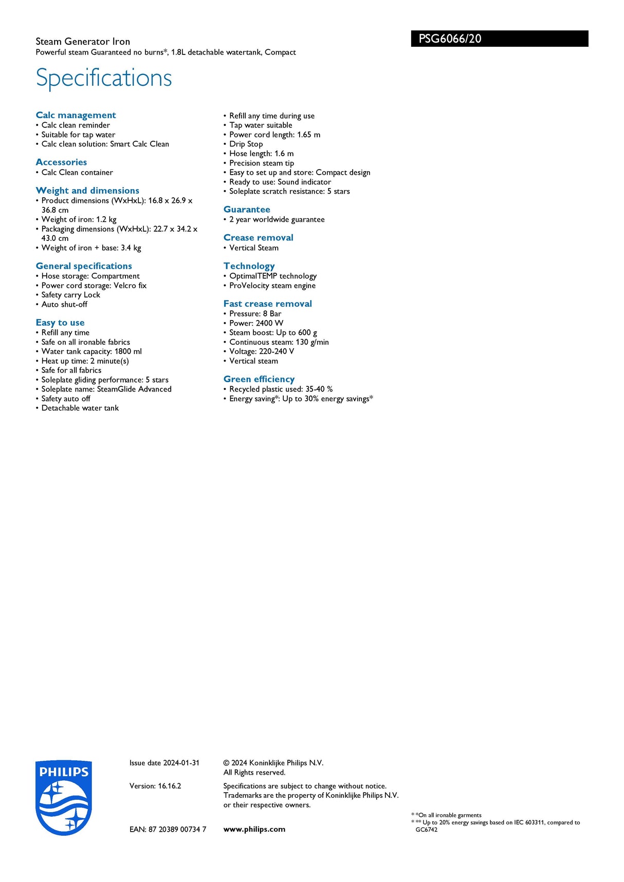 Philips PSG6066 | PSG6066/20 PerfectCare 6000 Series Steam Generator OptimalTEMP Technology