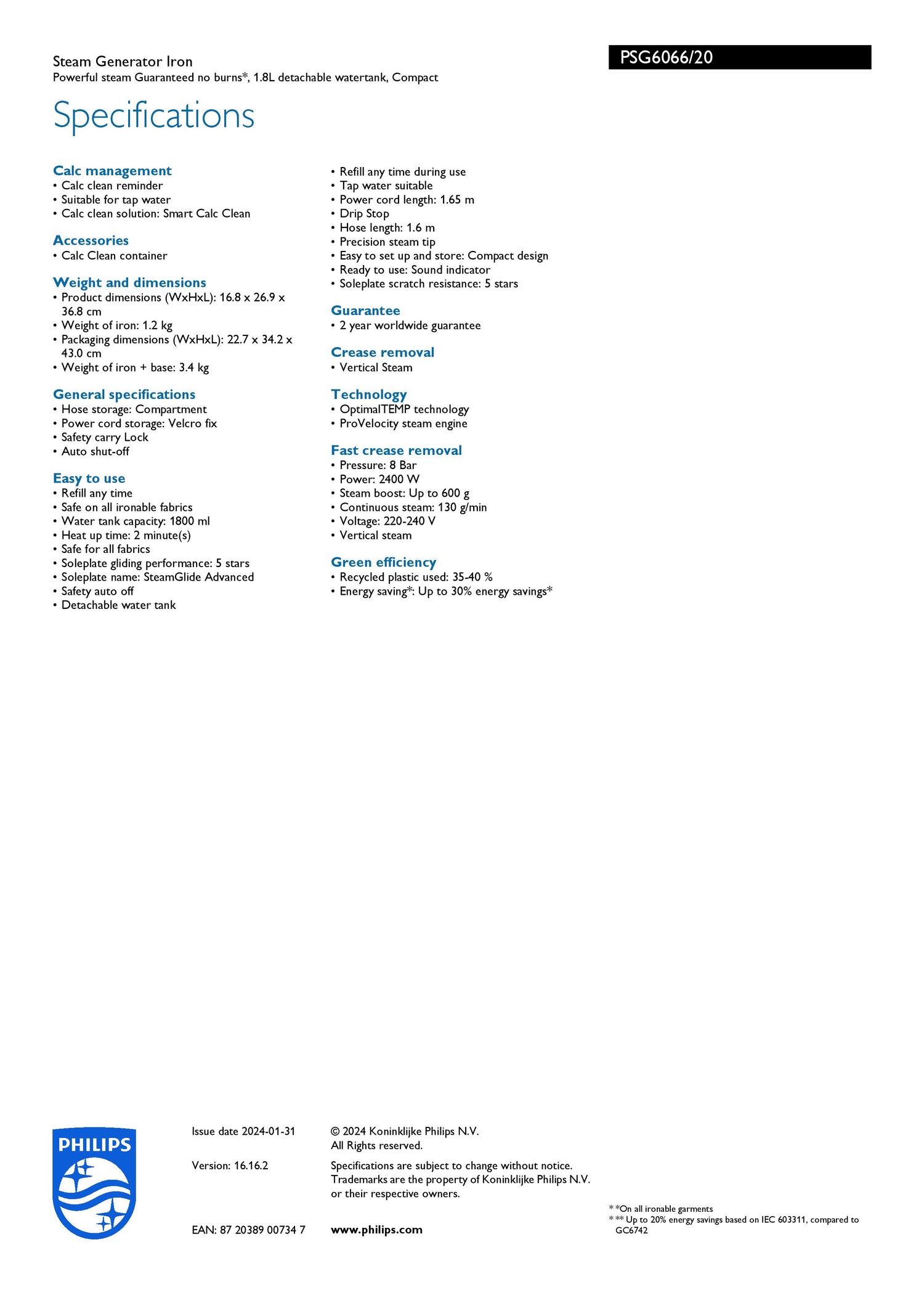 Philips PSG6066 | PSG6066/20 PerfectCare 6000 Series Steam Generator OptimalTEMP Technology
