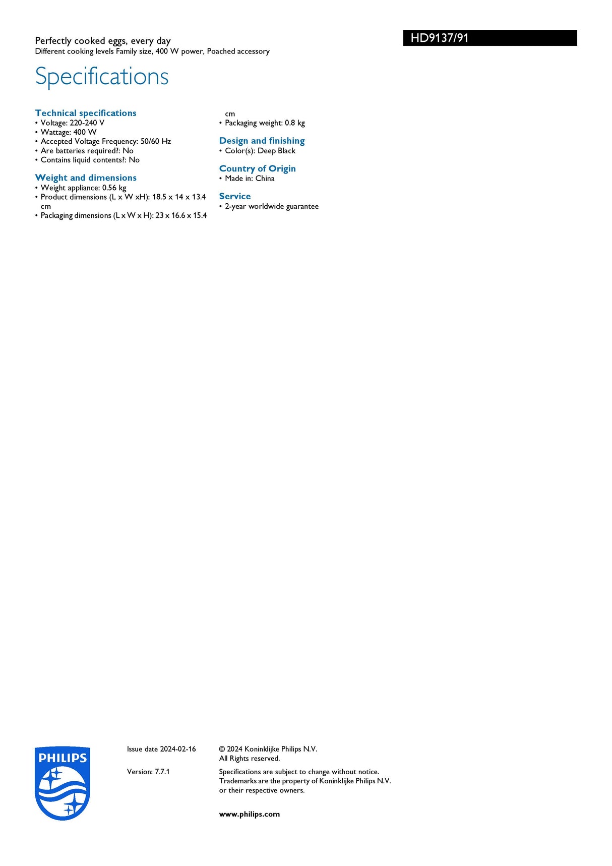 Philips HD9137/91 Electric Egg Cooker 3000 Series , 400W, Poached, Soft, Medium, Hard Boil, 6 Eggs Capacity, Egg Piercer Accessories