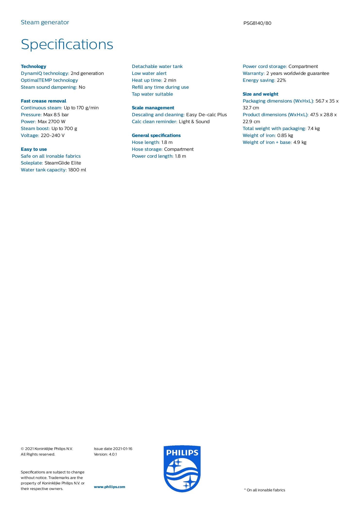 FREE Ironing Board + Philips PSG8140/80 | PSG8140 Steam Generator PerfectCare 8000 Series