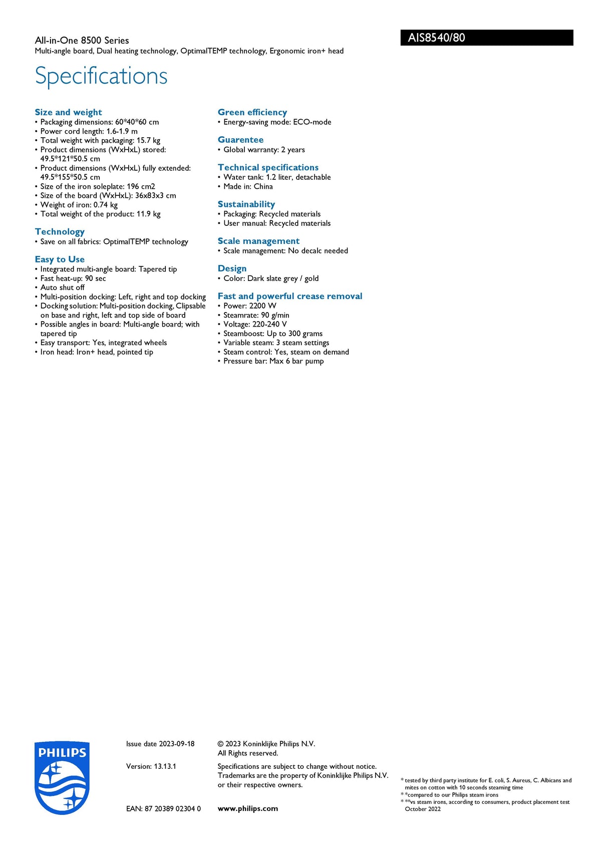 Philips AIS8540/80 All-in-One Ironing Solutions All-in-One 8500 Series