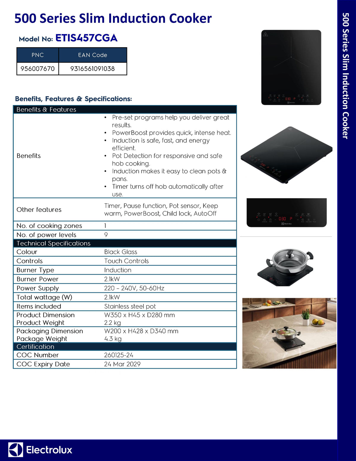 Electrolux ETIS457CGA Slim Induction Cooker 500 Series with Free Pot