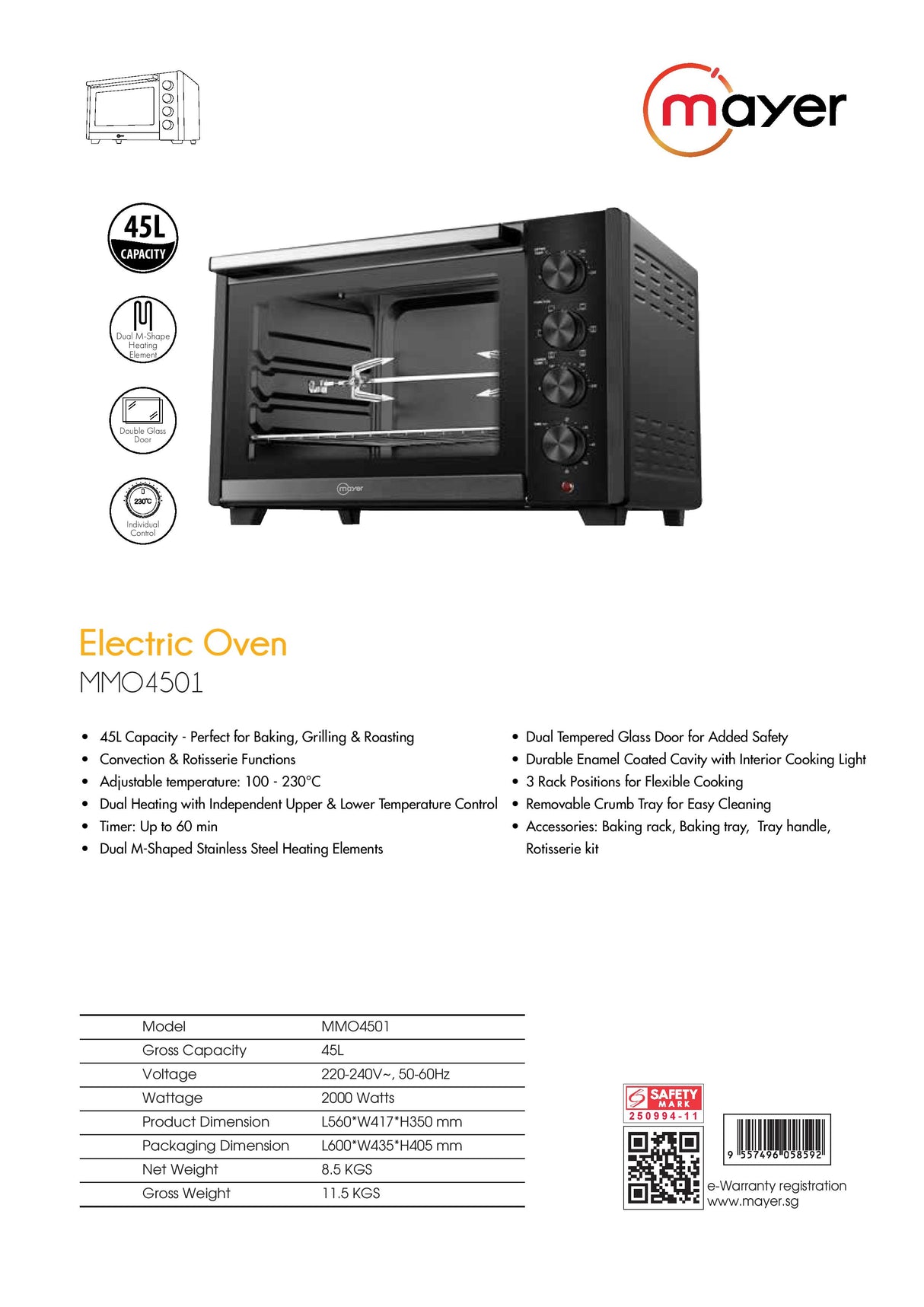 Mayer MMO4501 Electric Oven - Dual M-Shape Heating Element, Double Glass Door, Individual Control - 45L