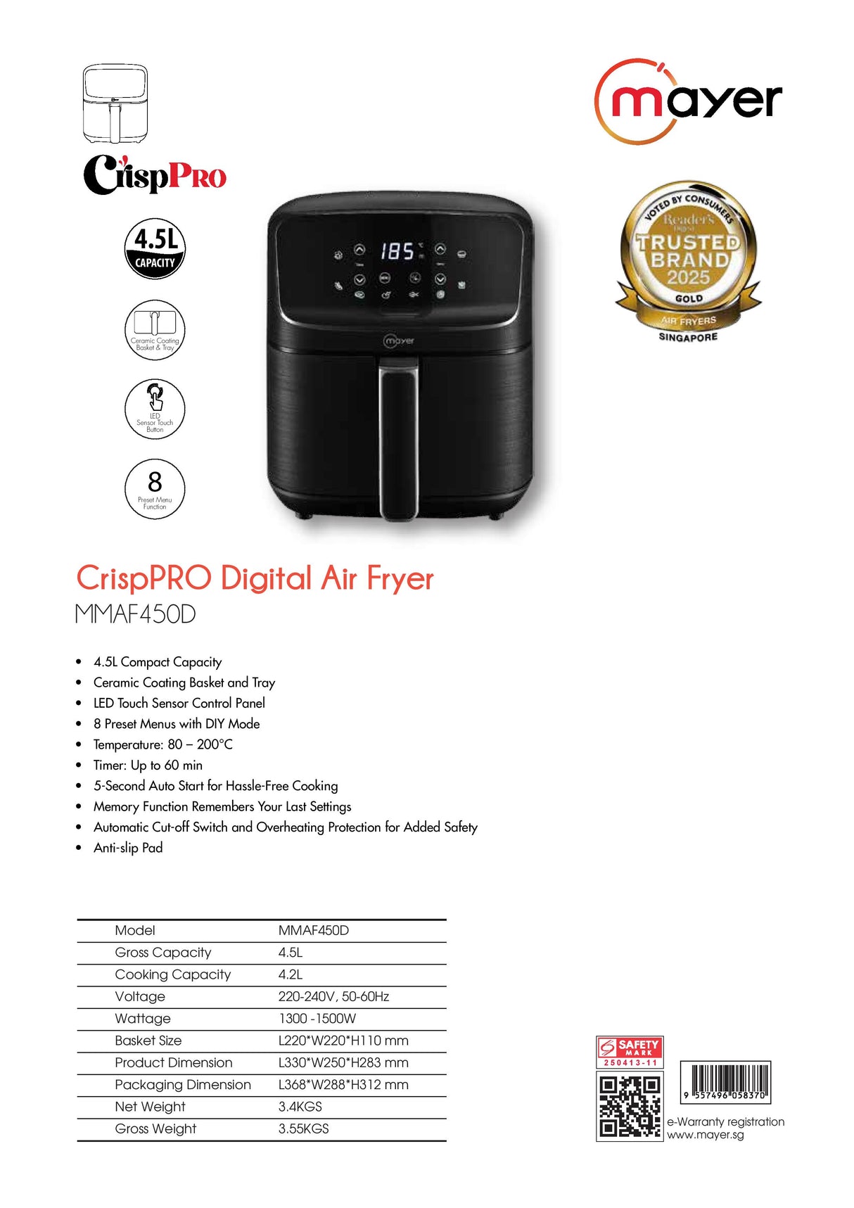 Mayer MMAF450D CrispPRO Digital Air Fryer 4.5L