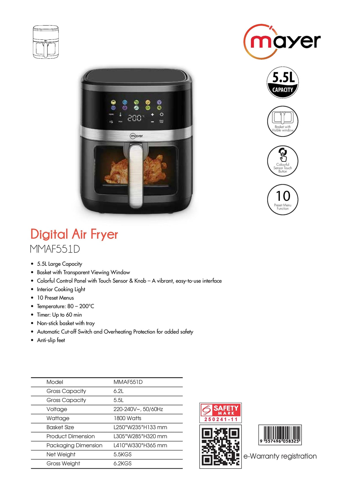 Mayer MMAF551D Digital Air Fryer 5.5L