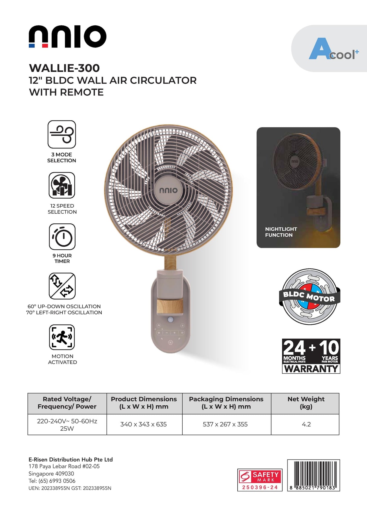 NNIO WALLIE-300 BLDC Wall Fan with Remote 12 Inch