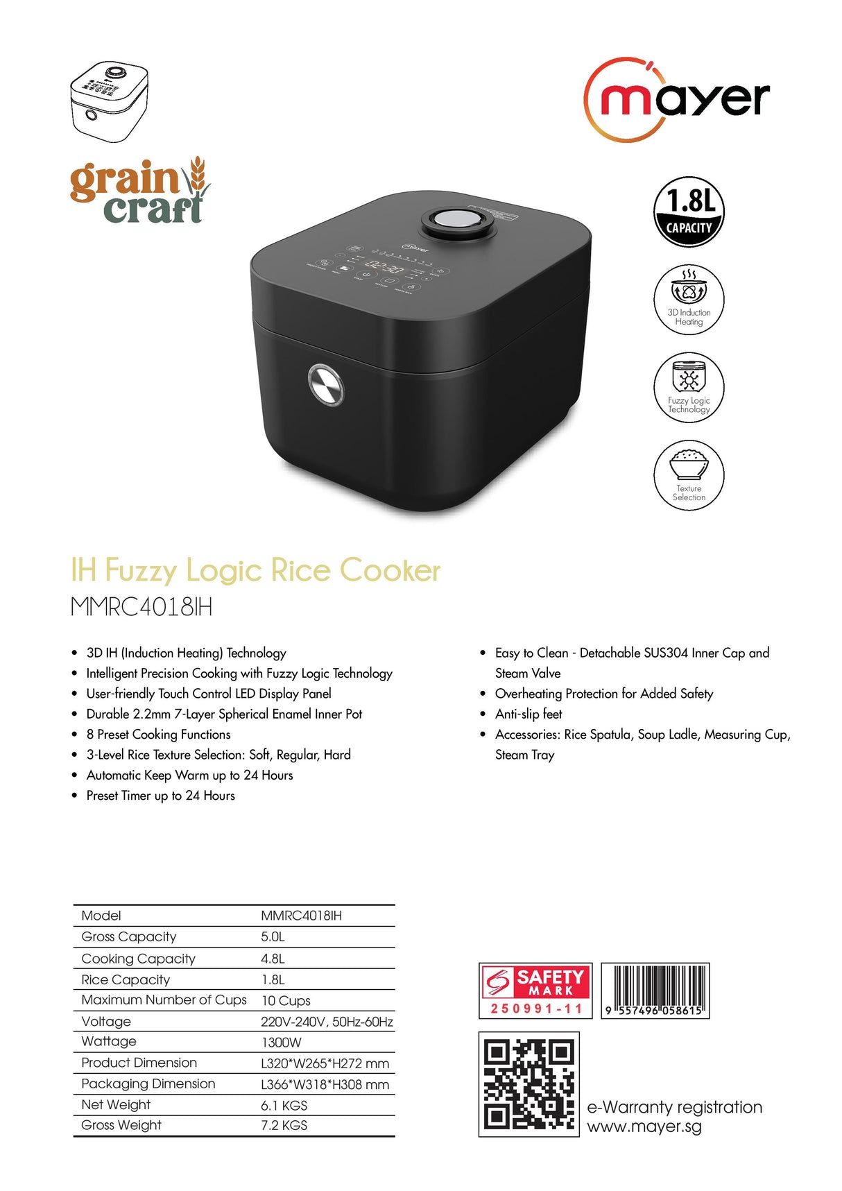Mayer MMRC4018IH IH Fuzzy Logic Rice Cooker | Texture Selection | 3D Induction Heating - 1.8L