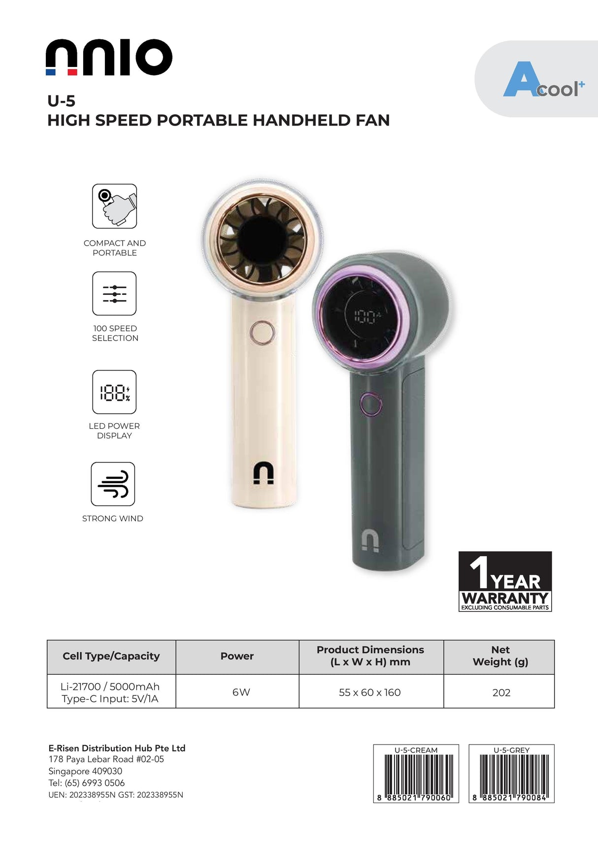 NNIO U-5 High Speed Portable Handheld Fan 6W with LED Diplay, Plastic Blade, 100 Speeds - 2 Colors Options Available