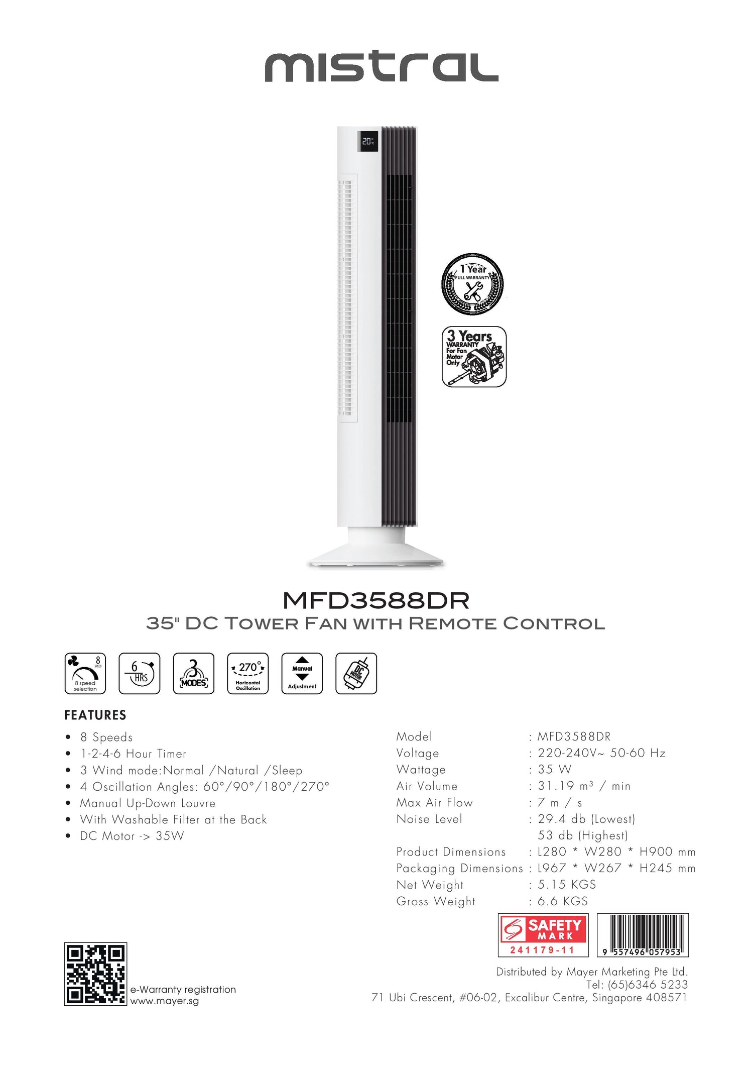 Mistral MFD3588DR DC Tower Fan with Remote Control 35 Inch