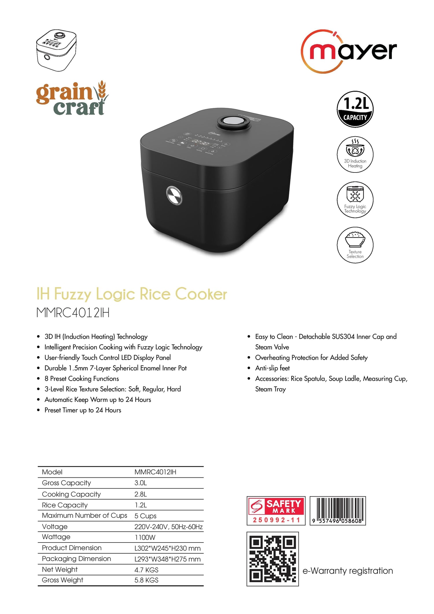 Mayer MMRC4012IH IH Fuzzy Logic Rice Cooker 1.2L
