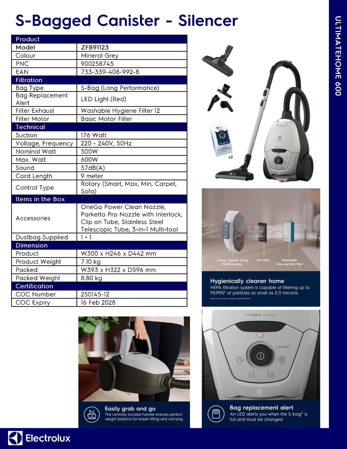 Electrolux ZFB91123 PURE D8.2 Silence Bagged Vacuum Cleaner
