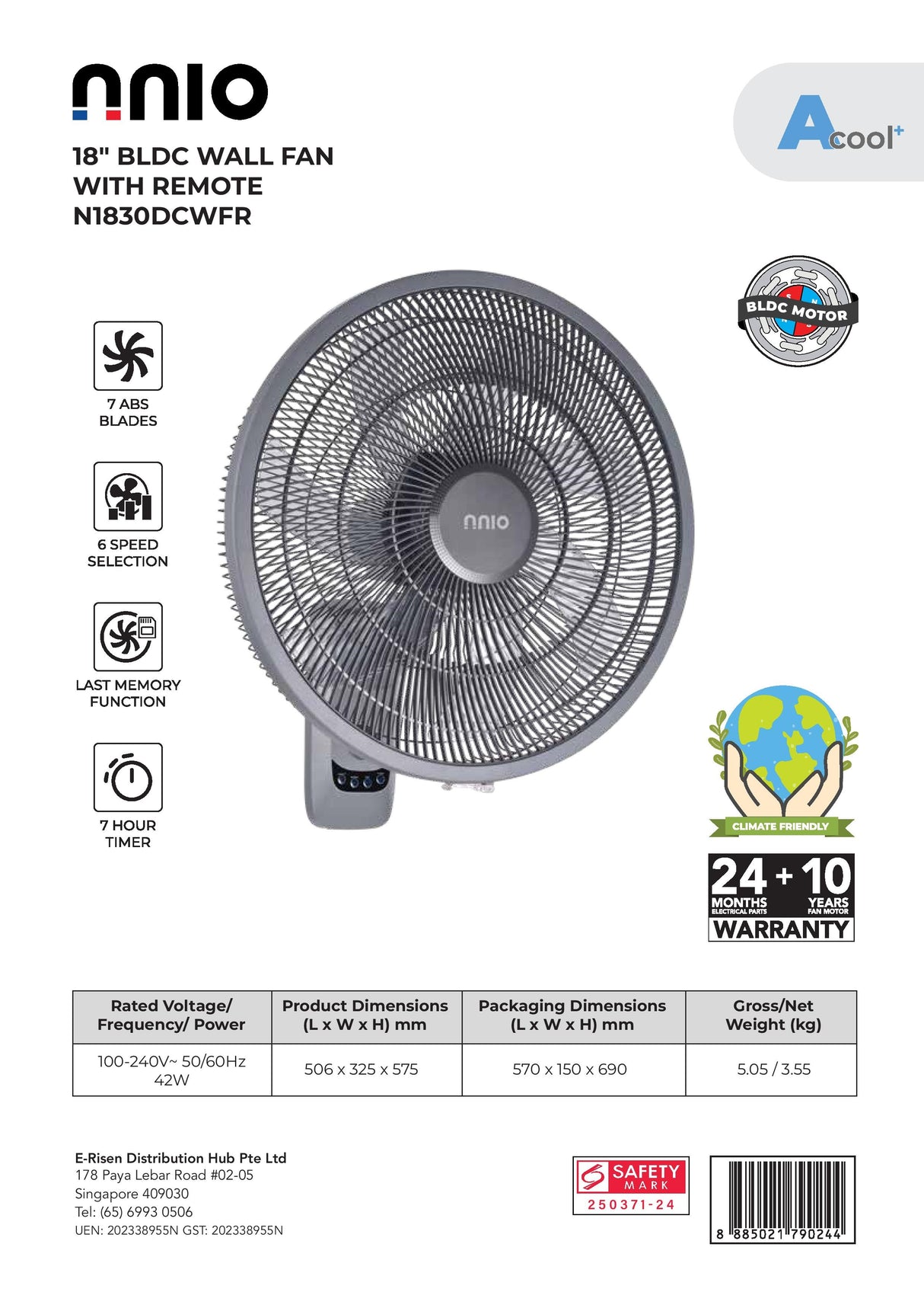 NNIO N1830DCWFR BLDC Wall Fan with Remote 18 Inch