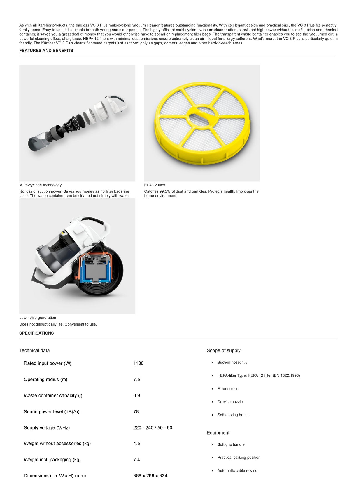 Karcher VC 3 Plus Multi-Cyclone Vacuum cleaner 1100W