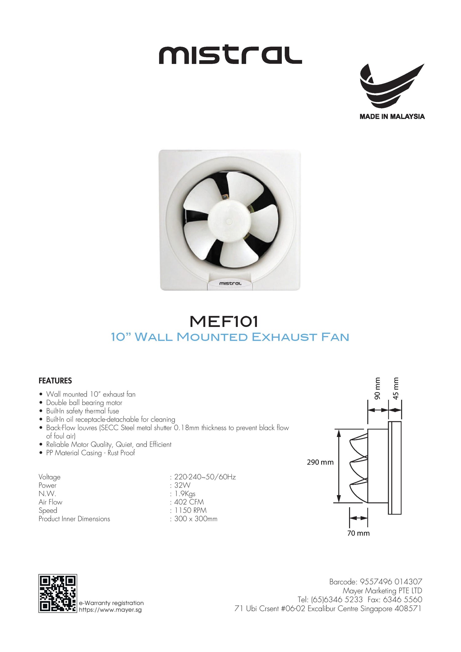 Mistral MEF101 Wall Mounted Exhaust Fan 10 Inch