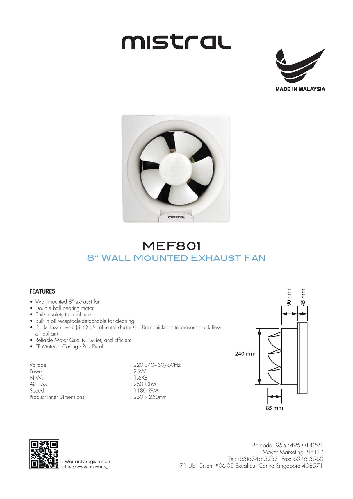 Mistral MEF801 Wall Mounted Exhaust Fan 8 Inch