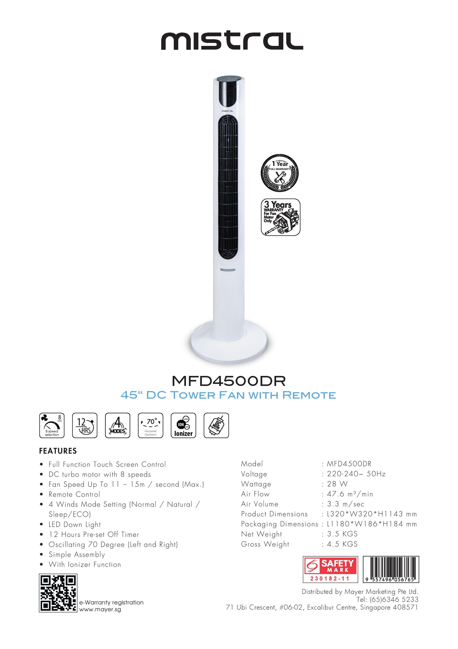 Mistral MFD4500DR DC Tower Fan with Remote 45 Inch