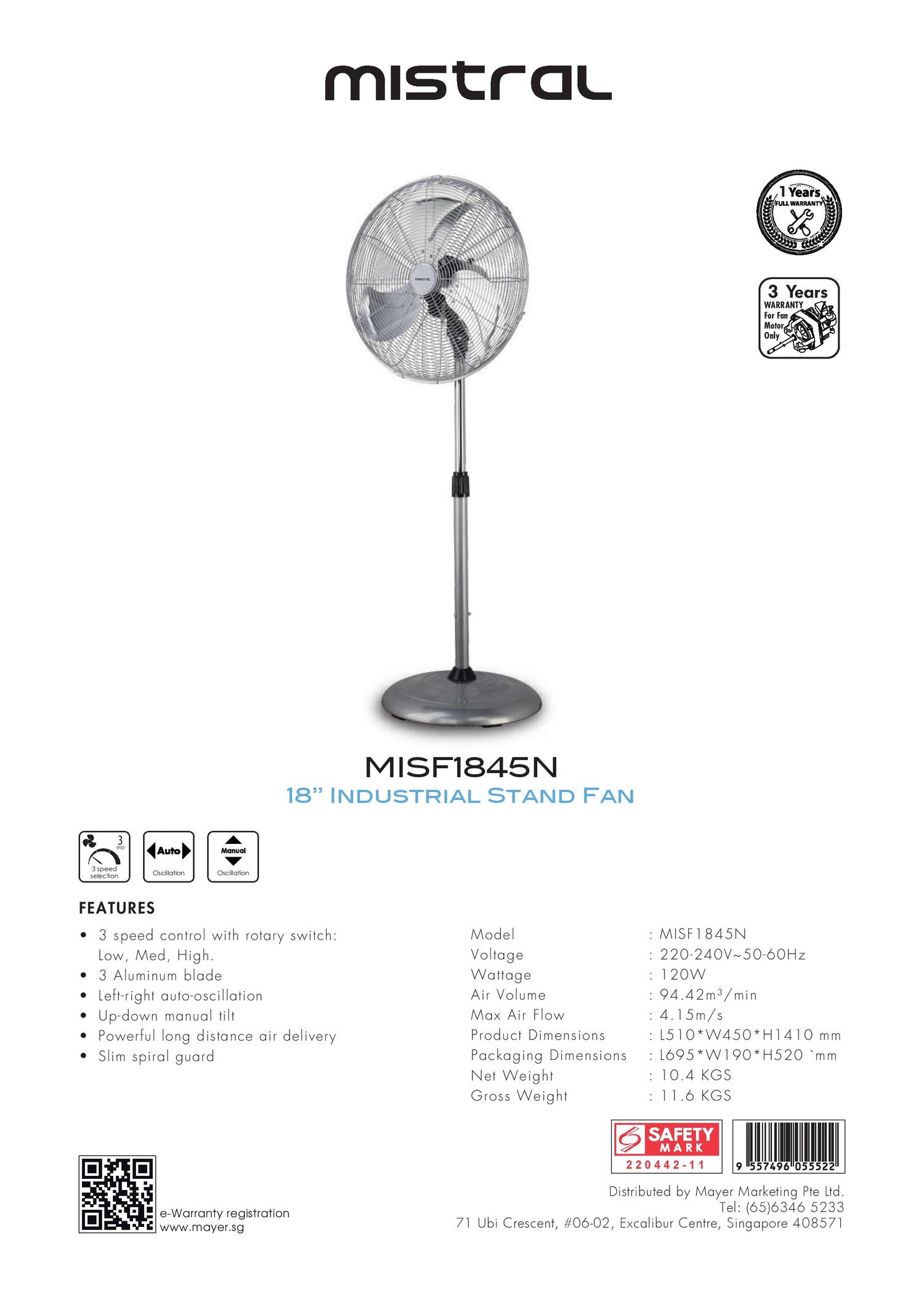 Mistral MISF1845N Industrial Stand Fan 18 Inch