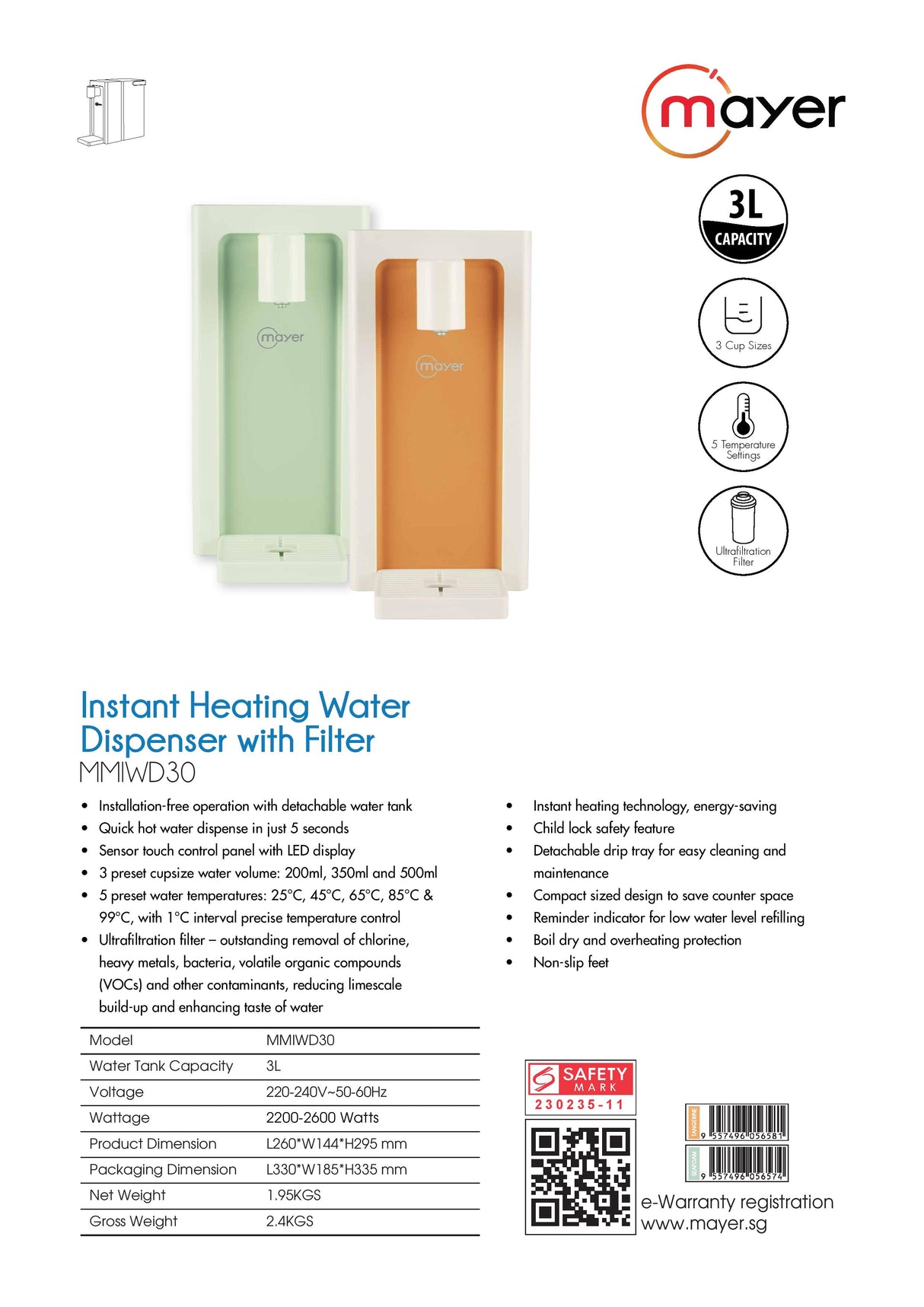 Mayer MMIWD30 Instant Heating Water Dispenser 3L with Filter