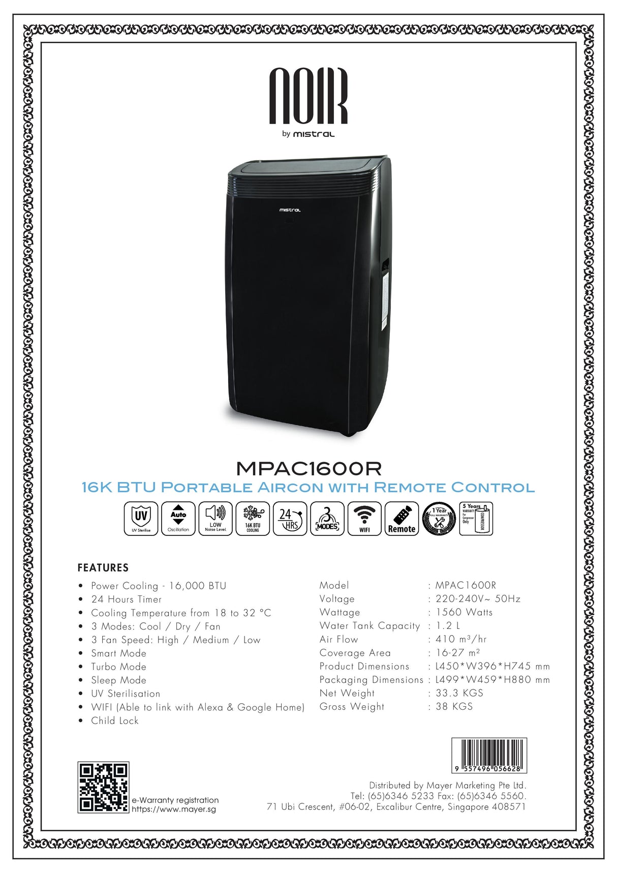 Mistral MPAC1600R 16K BTU Portable Aircon with Remote Control - GWP: Mistral x Hyuuga Essential Oil Blend x1