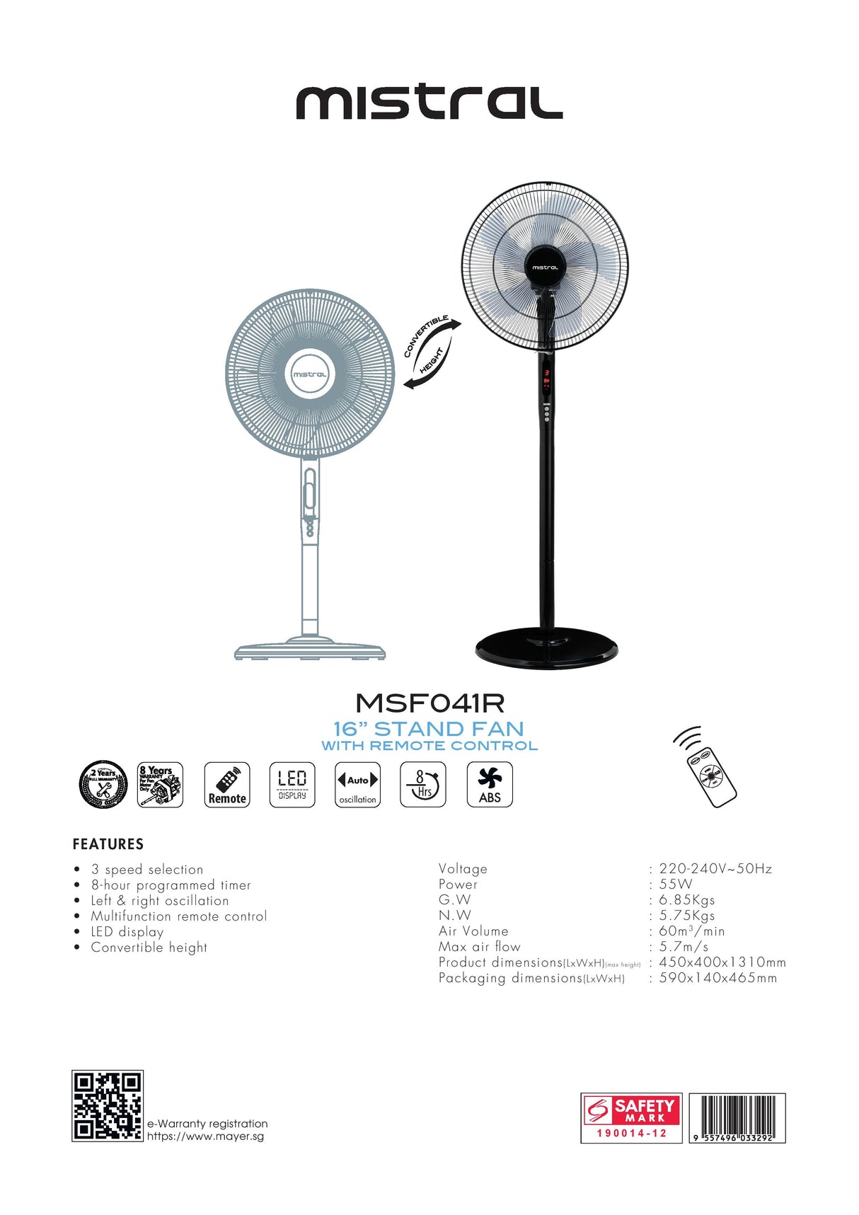 Mistral MSF041R | MSF041DR-DG Remote Stand Fan 16 Inch - Two models are available