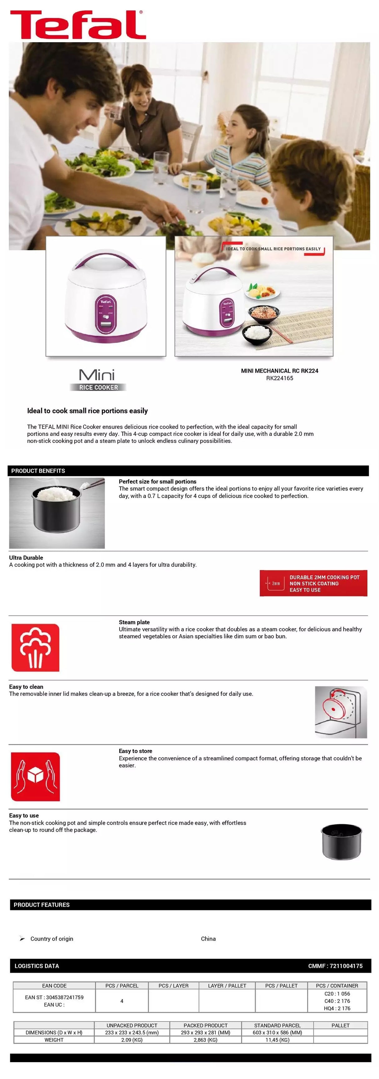 Tefal RK2241 Mechanical Mini Rice cooker 4 Cups 0.7L