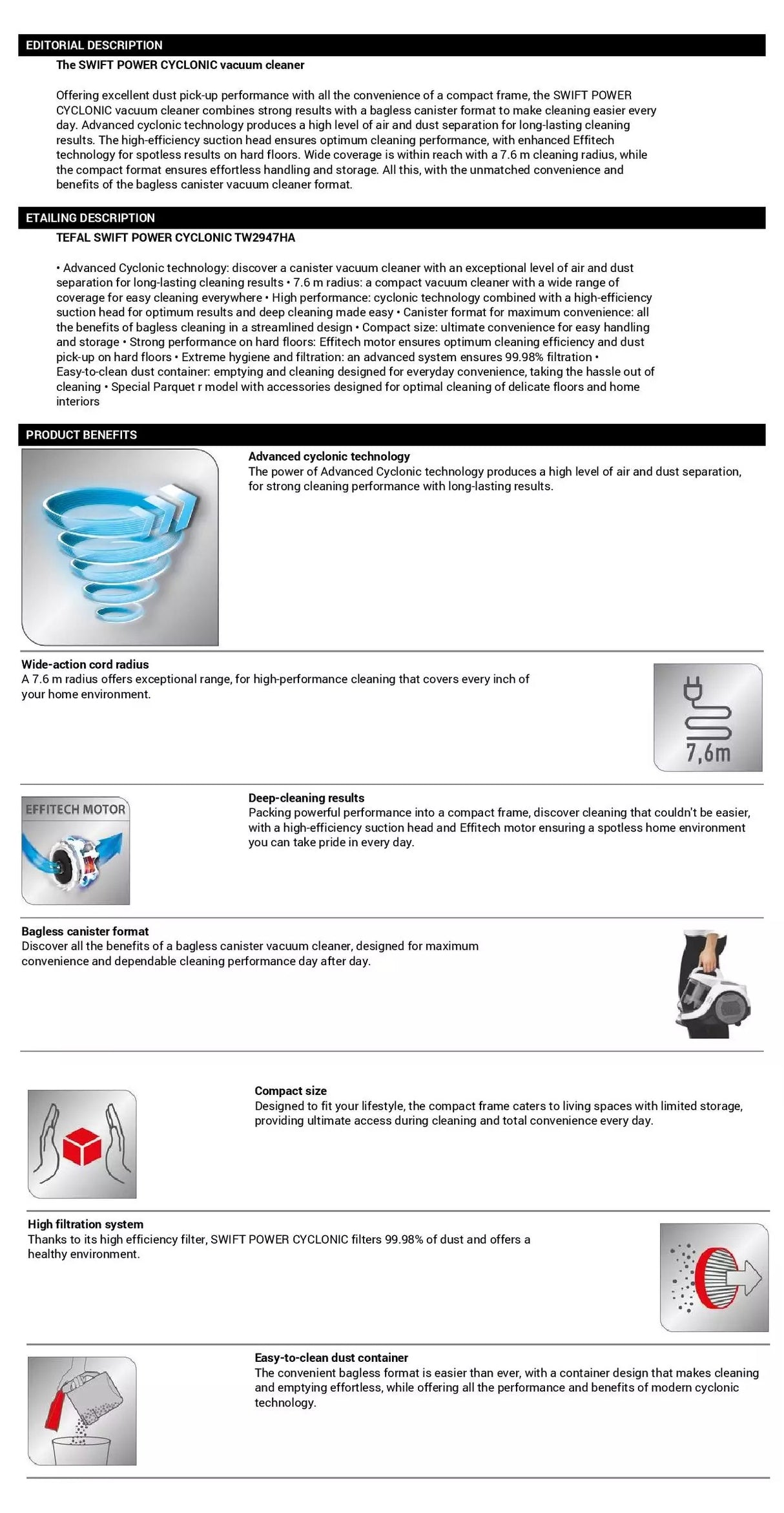 Tefal TW2947 Bagless Vacuum Cleaner Swift Power Cyclonic