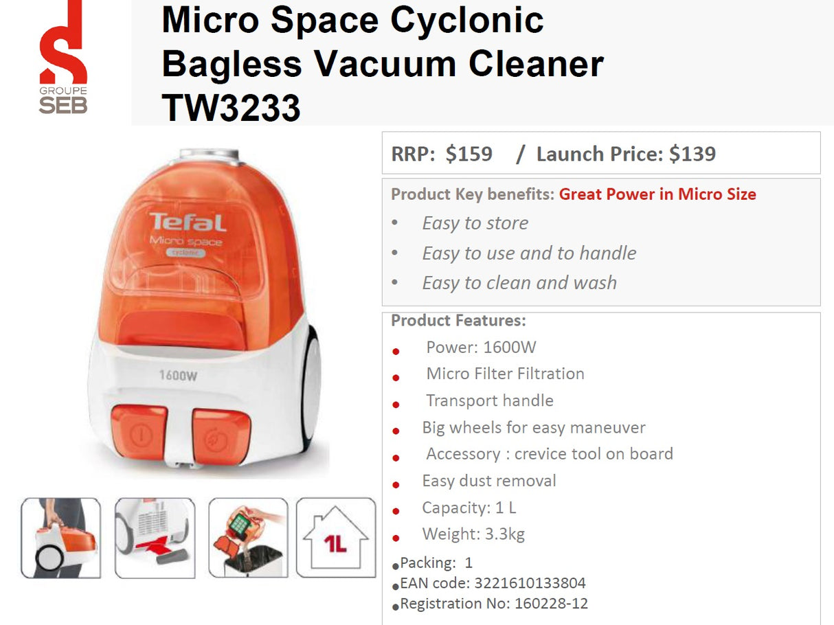Tefal TW3233 Micro space Cyclonic Vacuum Cleaner
