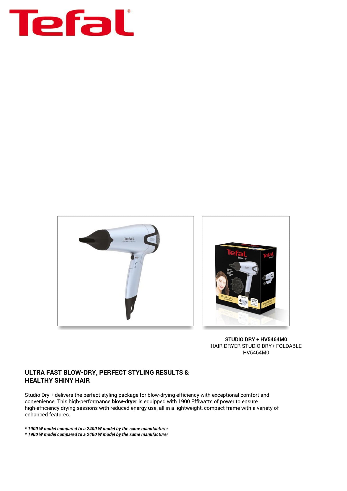 Tefal HV5464 Hair Dryer Studio Dry + Foldable