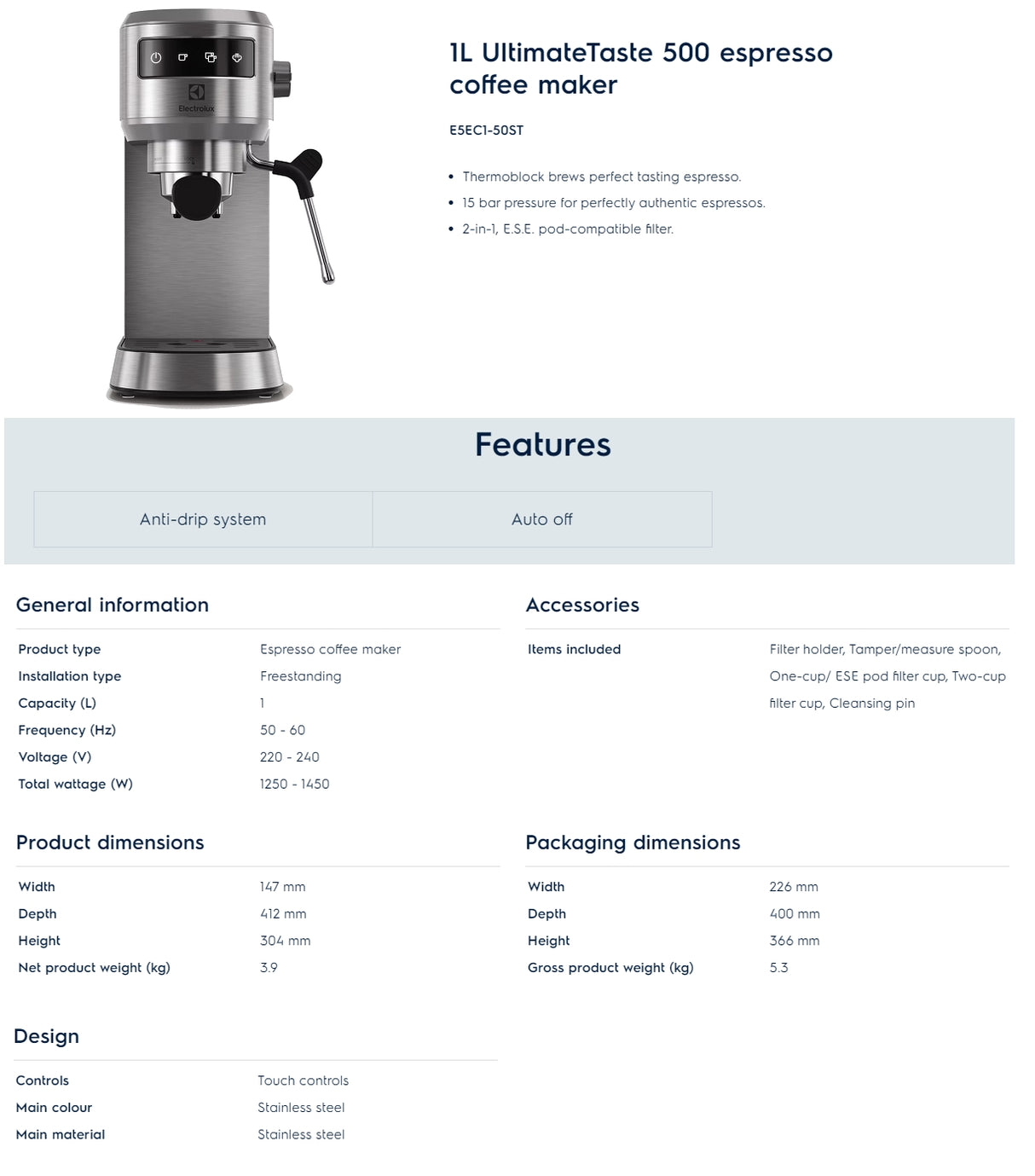 Electrolux E5EC1-50ST UltimateTaste 500 espresso coffee maker 1L