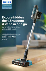 Philips XC3131/61 Cordless Vacuum 3000 Series Aqua - Vacuum & Wipe, Lightweight 1.5kg, LED Nozzle, 3 Layer Filtration