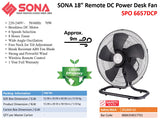Sona SPO 6655DCP | 6657DCP | 6659DCP Remote DC Power Desk Fan 16, 18,20 Inch - 3 Sizes Available App