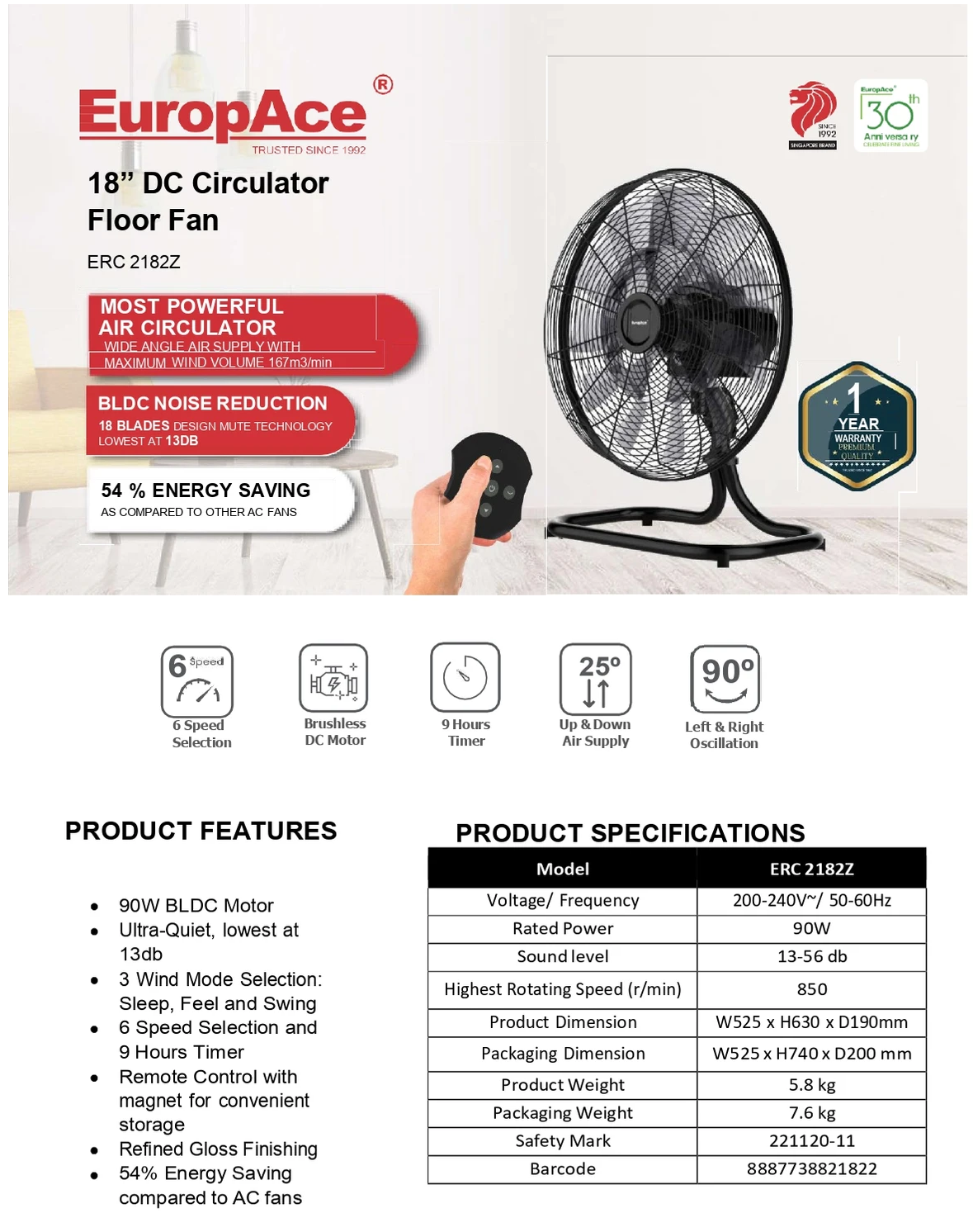 Europace ERC 2182Z | ERC2182Z Remote DC Circulator Floor Fan 18 Inch