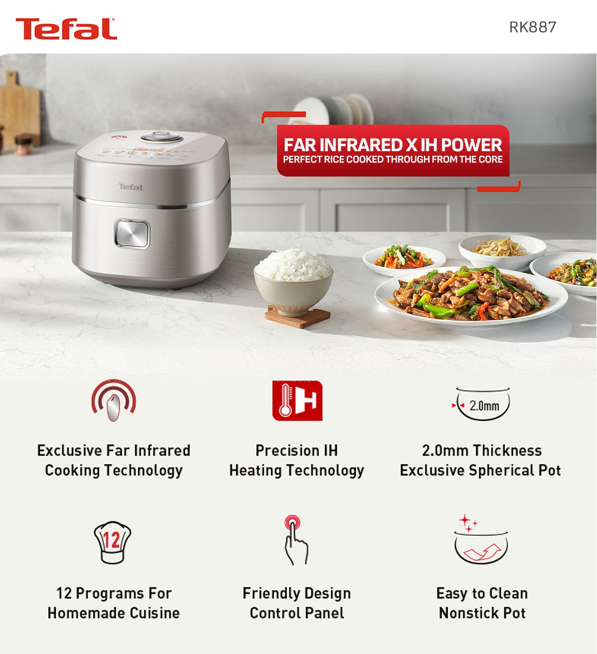 Tefal RK887 Mini Far Infrared Induction Heater Rice Cooker- 1L Capacity, 12 Cooking Modes, 2mm Non-Stick Pot