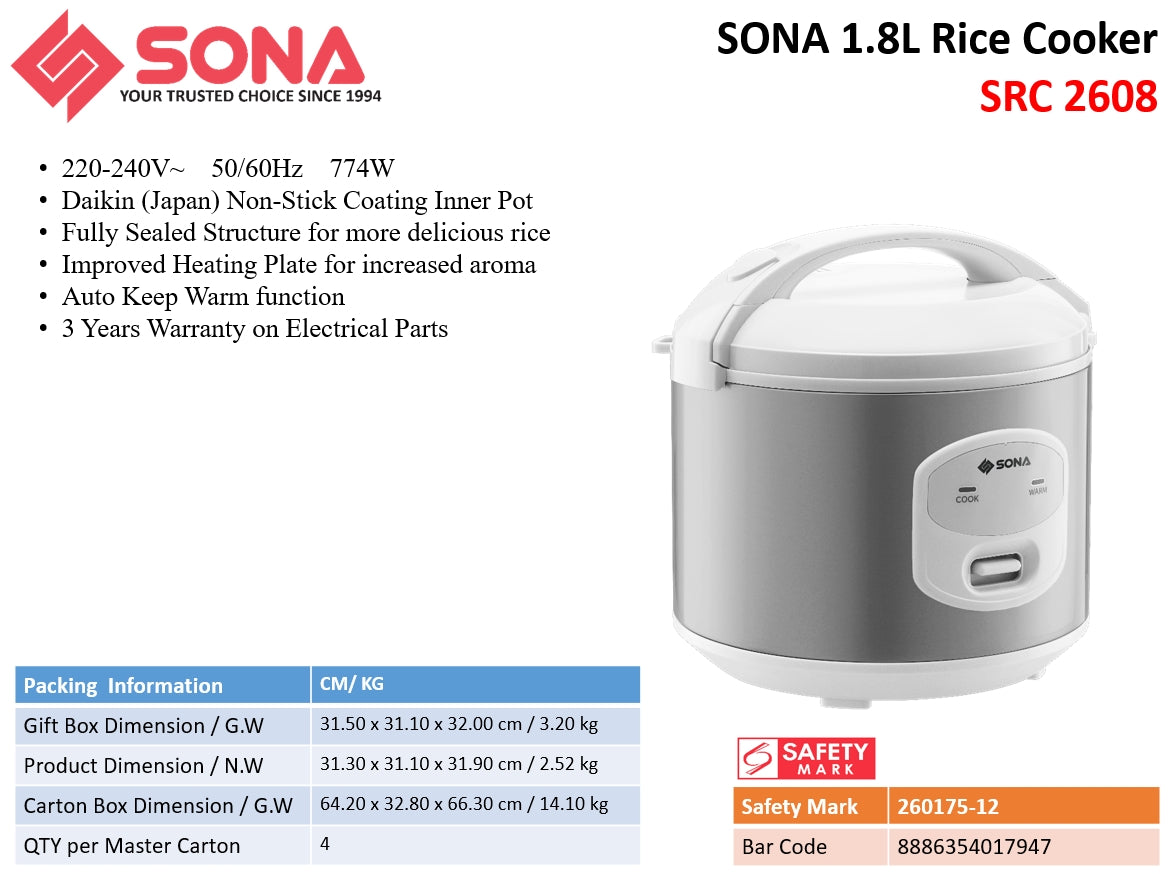 Sona SRC 2608 | SRC2608 Rice Cooker 1.8L