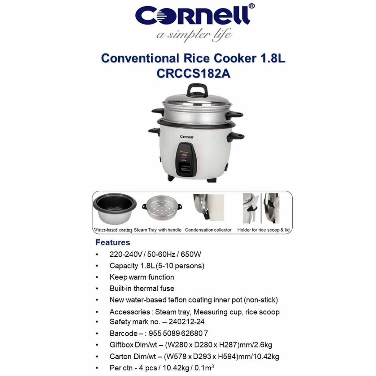 Cornell CRCCS182A Conventional Rice Cooker 1.8L