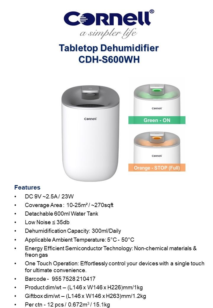 Cornell CDH-S600WH | CDHS600WH Tabletop Dehumidifier 0.6L Water Tank