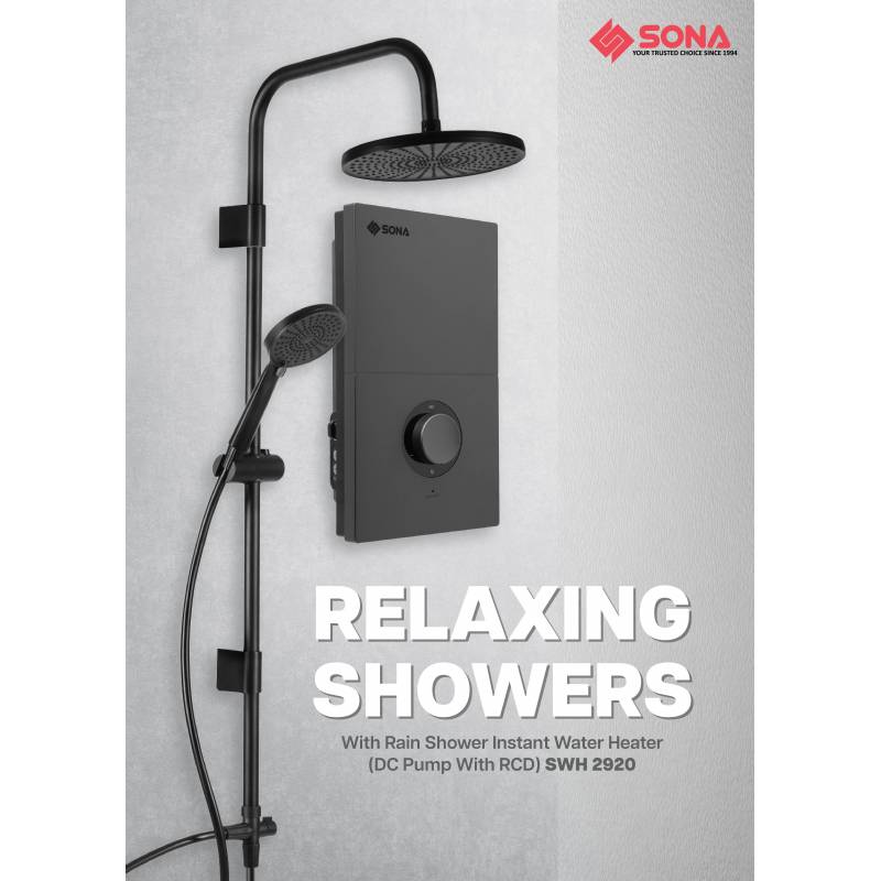 Sona SWH 2920 | SWH2920 Rain Shower Instantaneous Water Heater (w/ DC Pump & ELCB) - 3300W