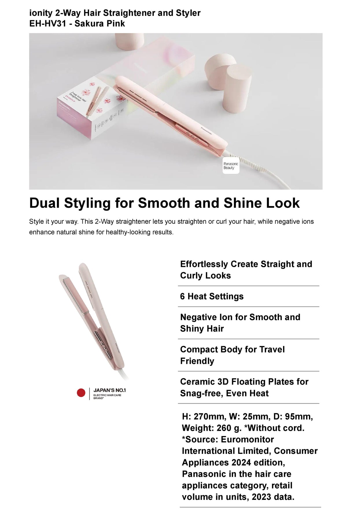Panasonic EH-HV31-P421 Ionity Straight & Curl Hair Straightener