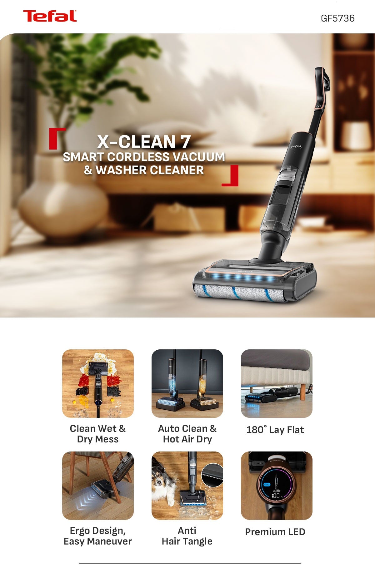Tefal GF5736 X-Clean 7 Wet & Dry Handstick – 2-in-1 Vacuum & Wash, 180 Lay-Flat, Self-Clean + Hot Air Dry, Powerful 250W