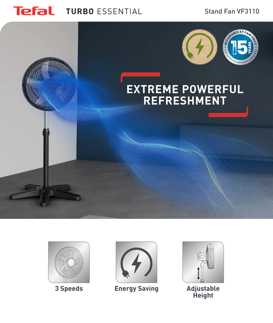 Tefal VF3110 Turbo Essential Stand Fan, Powerful, Energy Saving, 3 Speeds, Silent, Adjustable Height 15 Inch