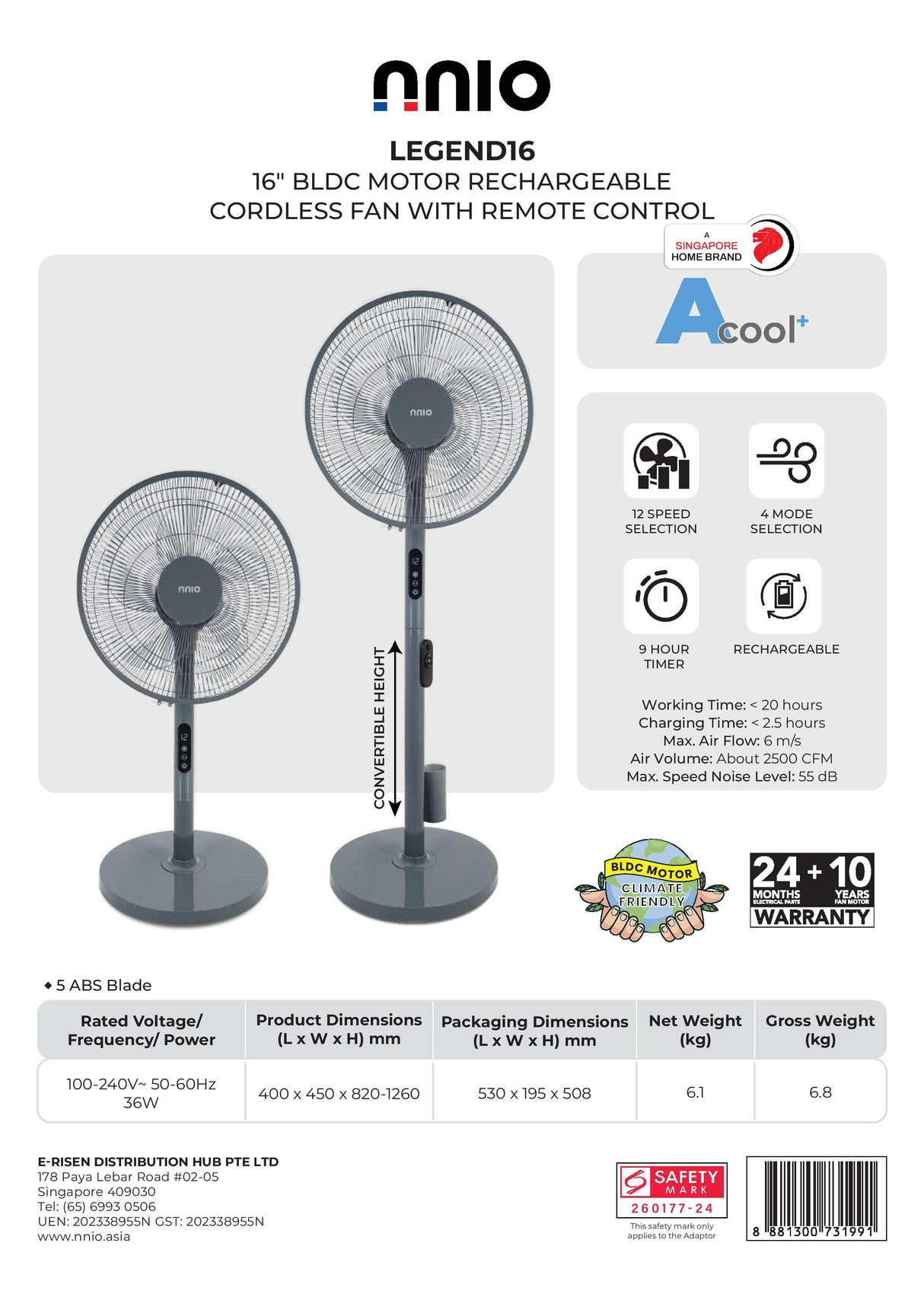 NNIO LEGEND16 BLDC Motor Rechargeable Cordless Fan with Remote Control 16 Inch