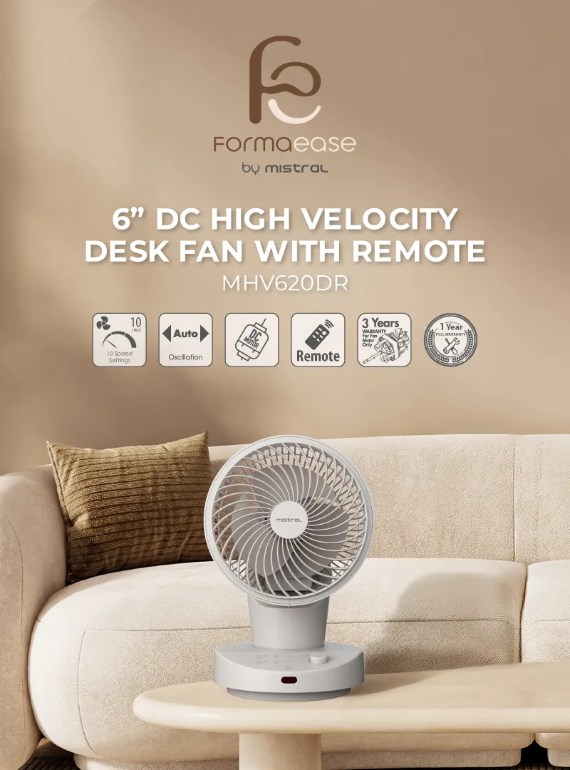 Mistral MHV620DR DC High Velocity Desk Fan with Remote 6 Inch